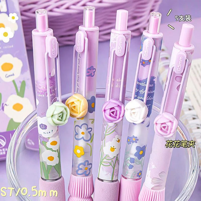 5Pcs Creative Rose Series 0.5mm Gel Pen Set Ultra Soft Silicone Pen Grip Quick-Drying Ink Pen Office Signature Pen
