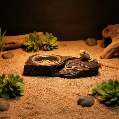 Imitation Stone Resin Rock Feeder Dish Wear Resistant Anti-knock Pet Feeder Ledge with Bowls Wide Mouth Reptile Food Bowl