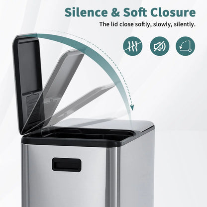 2 * 30L Stainless Steel TrashCan Dual Classification Foot Pedal Bins - Soft Close Lid/Removable Liner Buckets Recycling Solution