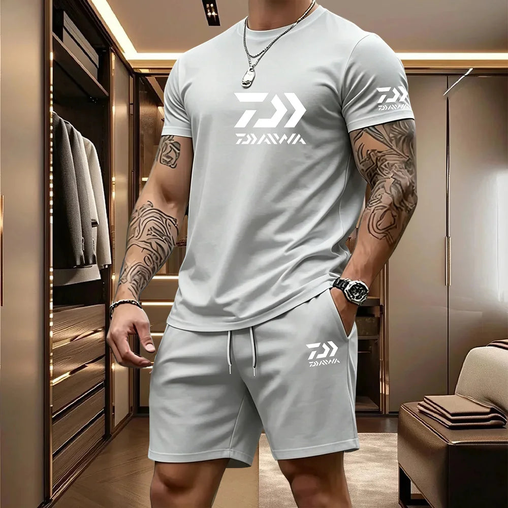 2026 Summer Men's Short Sleeved T-shirt Drawstring Shorts Set Breathable Outdoor Sports Set Men's Daily Fishing Suit