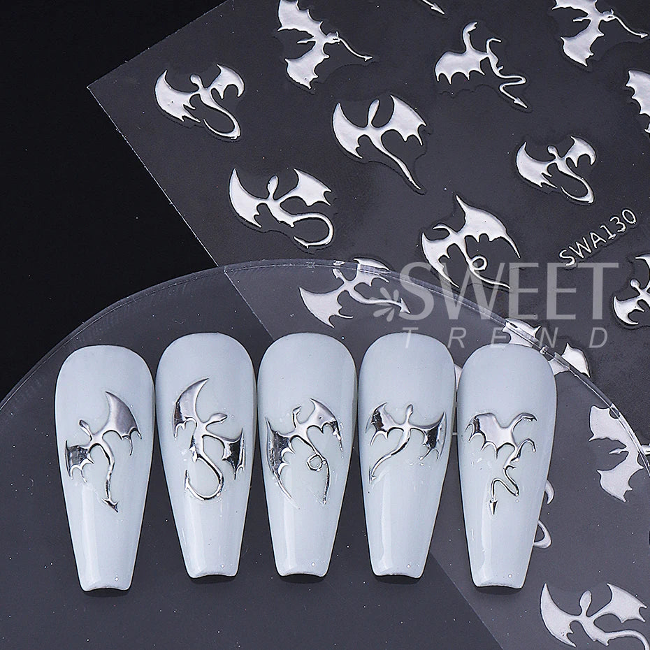 3pcs Metallic Flying Dragon Nails Stickers Gold Silver Laser Flying Devil Bat Design Nail Decals DIY Halloween Manicure Decor