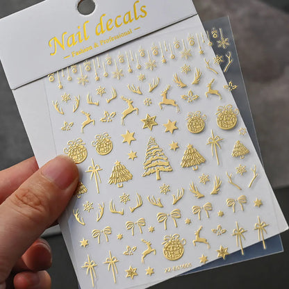 5D Embossed Gold Castle/Garland/Christmas Tree Nail Stickers White Snowflakes Bow Star Nail Decals Self-Adhesive Xmas Nail Decor