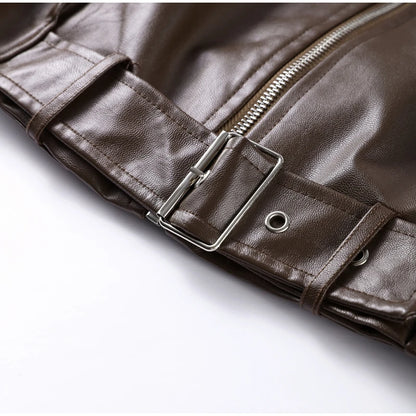 Street Women's Belt Leather Jackets Loose Lapel Zipper Long Sleeve Pockets Female Coats 2026 Autumn Lady Fashion Y2k Outwear