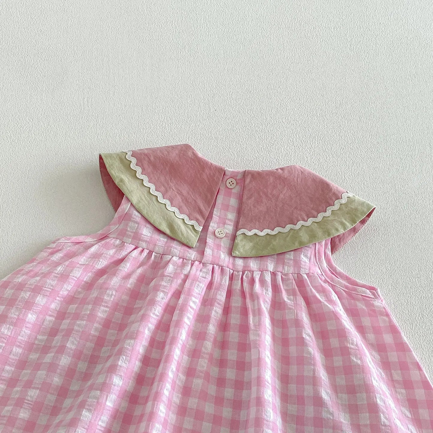 2026 Summer Childrens Clothes Watermelon Collar Baby Bodysuit with Patch Pockets Pink-white Check Girls Dress