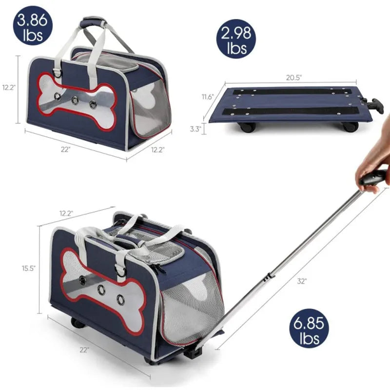 Stock Storage Airline Approved Hiking Large Rolling Stroller Wheeled Cat Dog Pet Trolley Carrier With Wheels for Large Dogs
