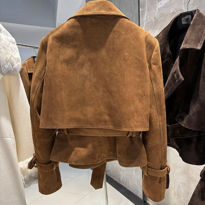 YOLOAgain 2025 Autumn Elegant Real Leather Jacket Coat Women Oversized Leather Jacket With Belt