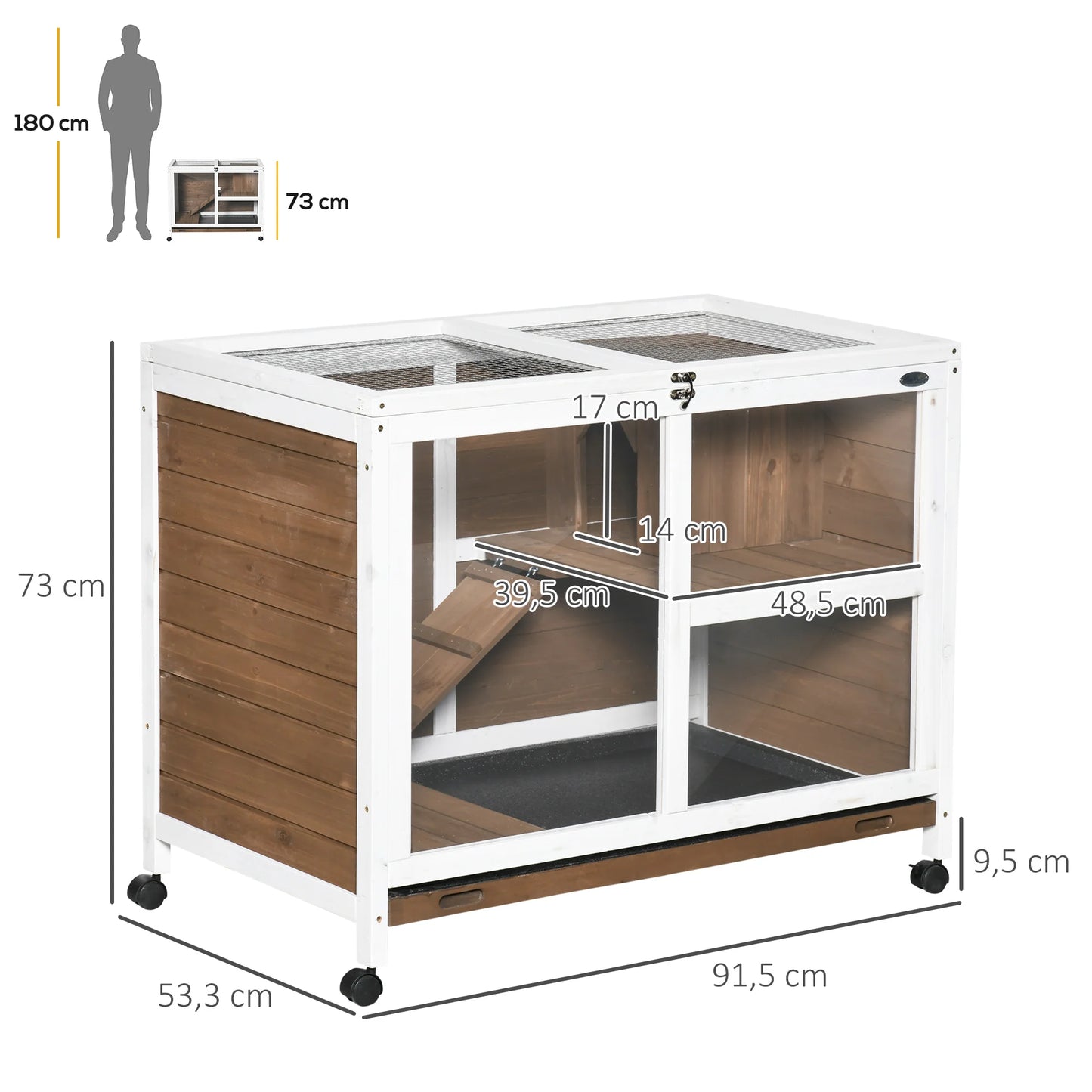 Hutcrate rabbit Cage on castors small animals enclosure in solid drink 2 floors sunroof 91,5x53,3x73 cm Brown