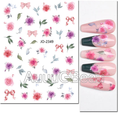 3d Nails Art Decals Spring Fruits Pink Full Tips Peony Magnolia Flowers Adhesive Sliders Stickers Decoration For Nails Manicure