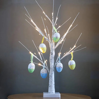 60cm Easter Brich Tree Lamp 40LED Easter Eggs Ornaments Hanging Easter Decorations for Home Spring Festival Party Table Decor