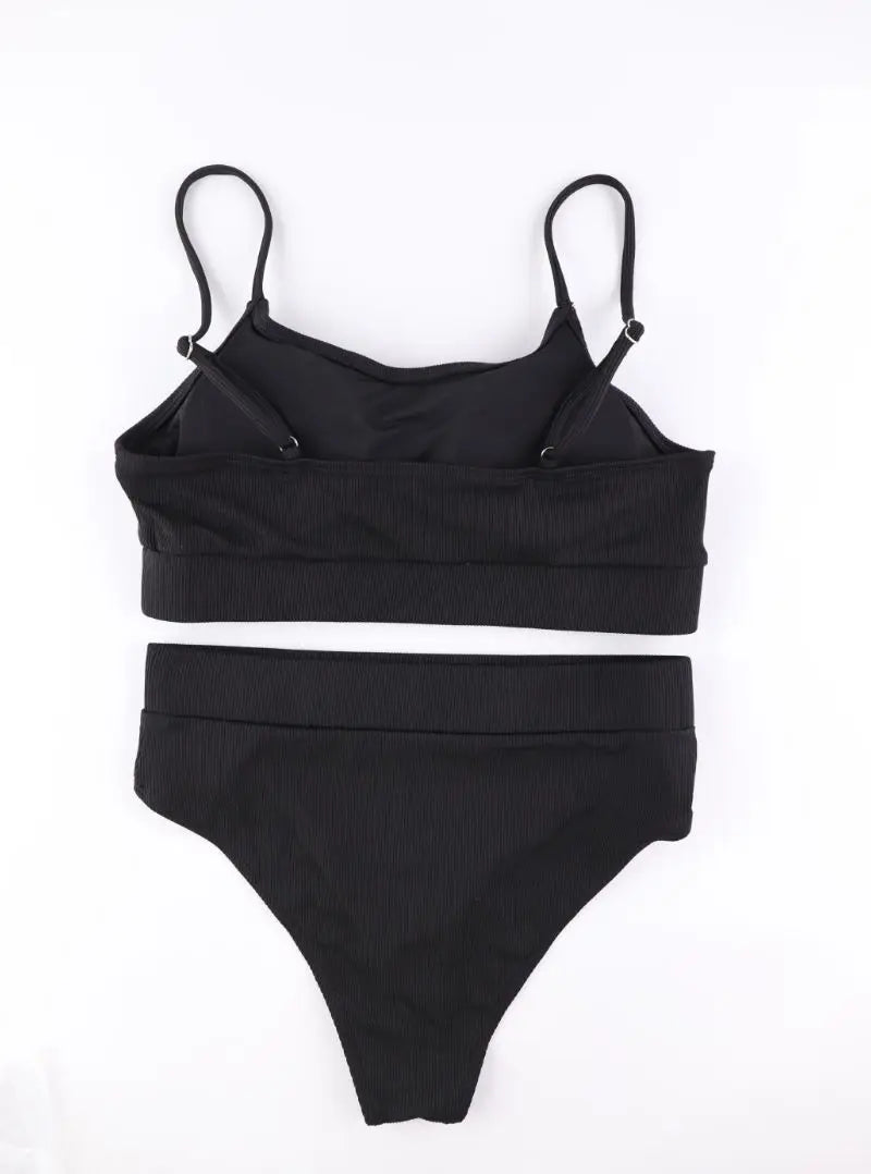 Cikini-Solid High Waist Bikinis Set for Women, Small Pit Stripe Swimsuit, Summer Beach Swimwear, Bathing Suit