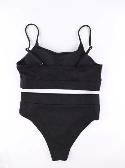 Cikini-Solid High Waist Bikinis Set for Women, Small Pit Stripe Swimsuit, Summer Beach Swimwear, Bathing Suit