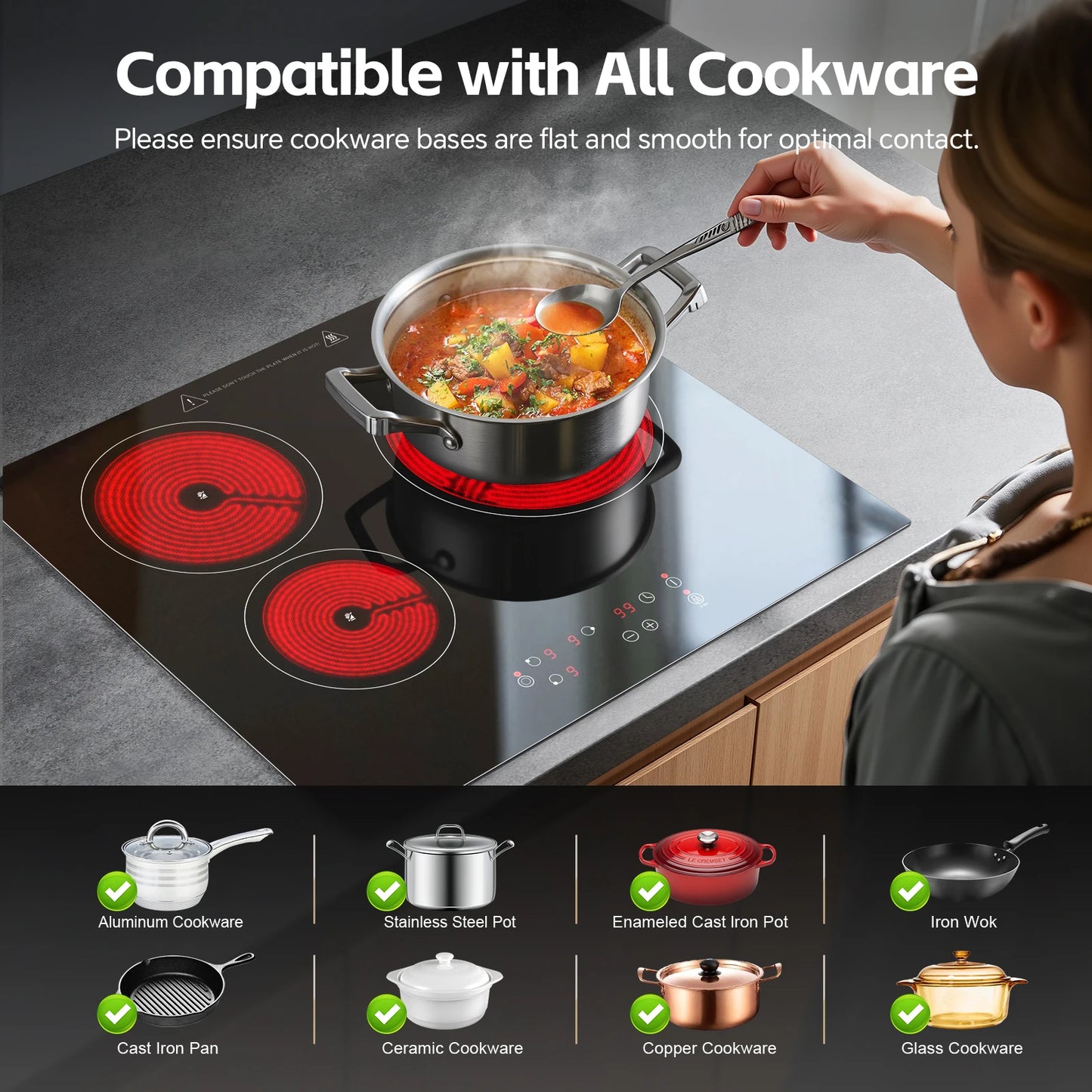 2-Zone Ceramic Hob, 3000W with Child Lock, 9 Heat Levels, 1-99min Timer, Black (CE Certified)