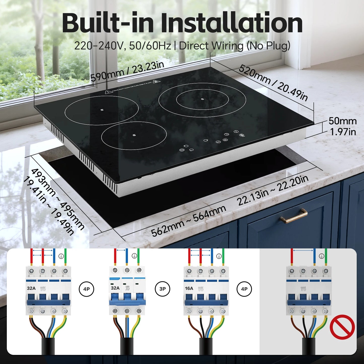 2-Zone Ceramic Hob, 3000W with Child Lock, 9 Heat Levels, 1-99min Timer, Black (CE Certified)