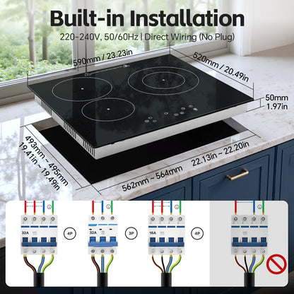 2-Zone Ceramic Hob, 3000W with Child Lock, 9 Heat Levels, 1-99min Timer, Black (CE Certified)