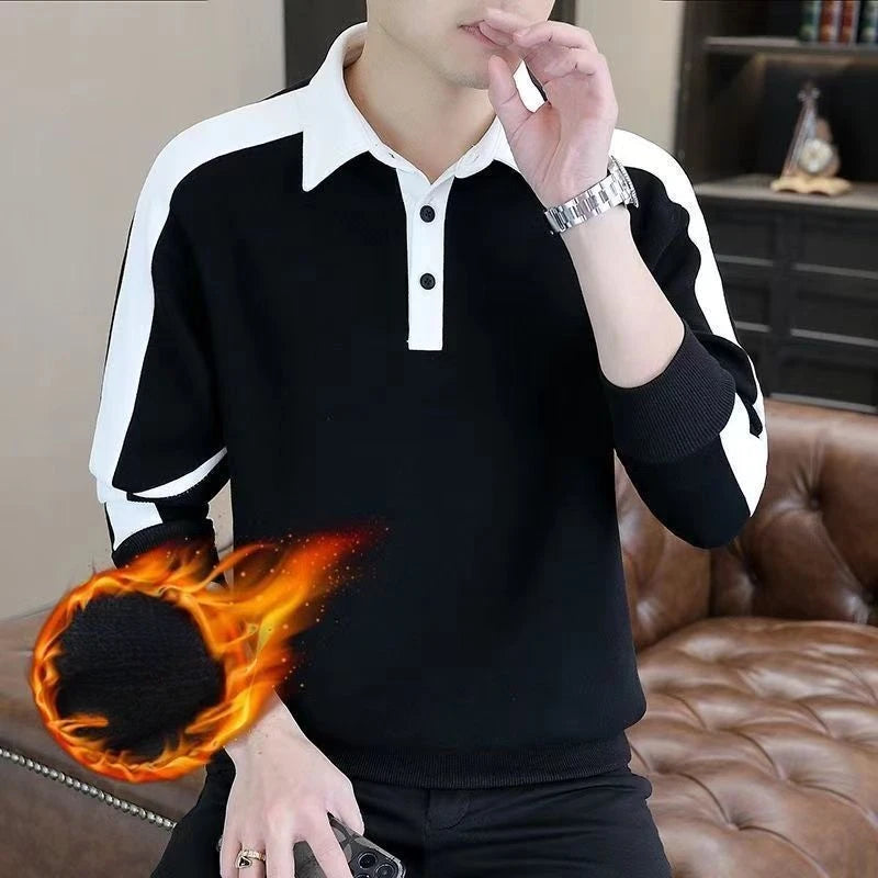 High Street Casual Men Autumn Sweatshirt Top Chic Turn-down Collar Long Sleeve Loose Winter Panelled Plus Fleece Pullover Hoodie