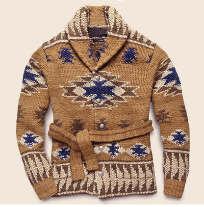 Europe and The United States Men Heavy Jacquard Fashion Sweater Autumn and Winter Retro Casual Thick Cardigan Knit Sweater Coat