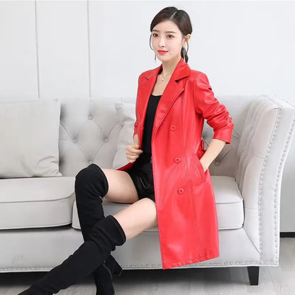 Top Compound lambskin leather jacket lady Free wash PU women clothing trench Long faux fur coat streetwear casaca para mujer