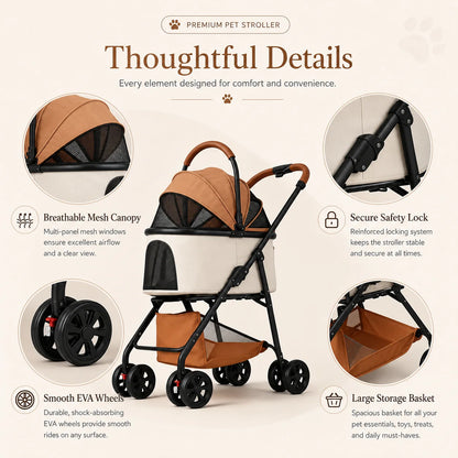 Foldable Pet Stroller Detachable Cabin Large Lower Basket Breathable Mesh Canopy For Cats Small Dogs Portable Travel Carrier