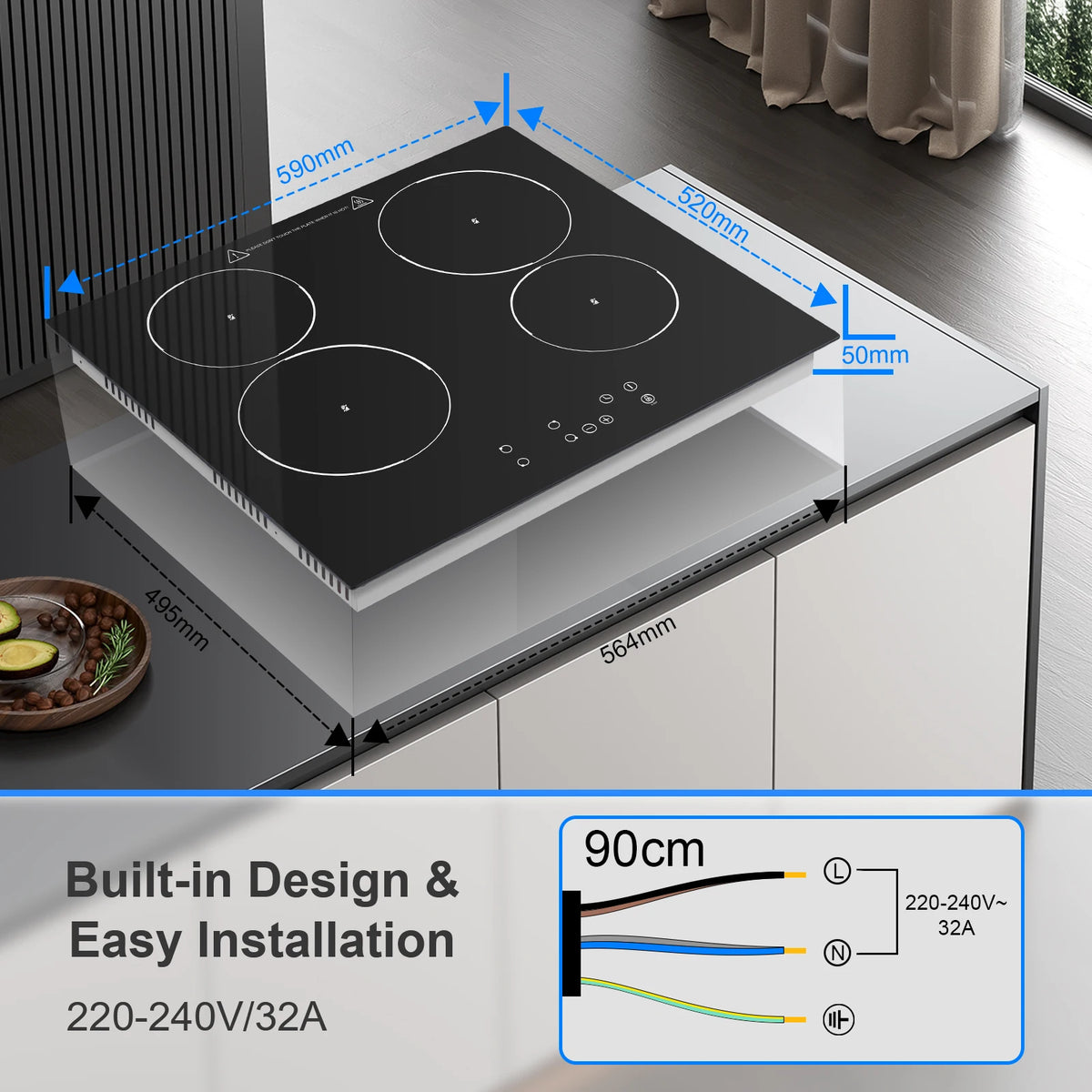 KICHPOWER 60 cm glass 4 plates Touch control, 9 power levels ceramic hob