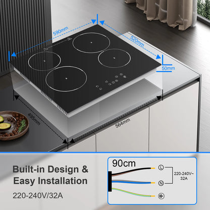 KICHPOWER 60 cm glass 4 plates Touch control, 9 power levels ceramic hob