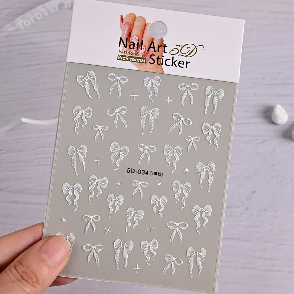 1pcs 5D White Lace Bowknot Nail Art Sticker Sweet Pearl  Bow Ribbon Self-Adhesive Nail Slider DIY Luxury Nail Decorations Decals