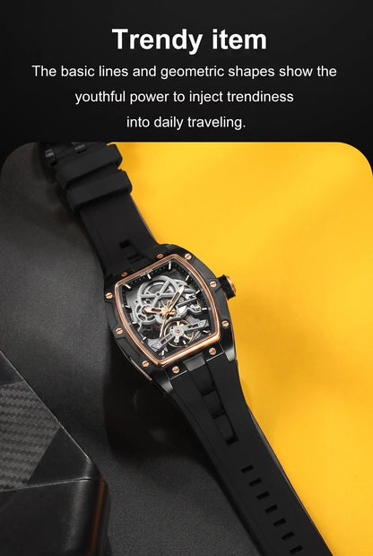 MEGIR Tonneau Skeleton Mechanical Watch Men Sport Wristwatch Silicone Strap Luxury Hollow Dial Male Automatic Mechanical Watches