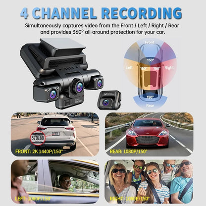 XUOIB I9pro-WB 4CH 360° Dash Cam 4'' Touch Screen 4K/2K Front for Car DVR Camera 24H Parking Mode GPS WiFi Recorder Night Vision