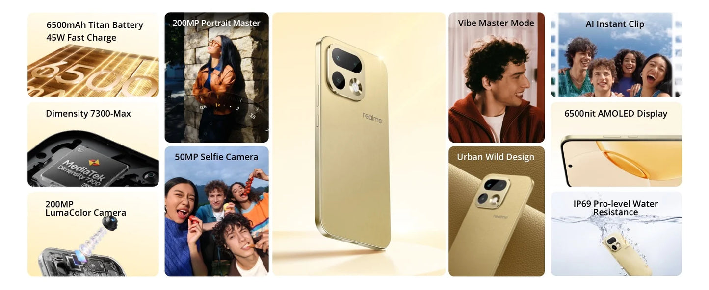 New Arrival realme 16 Pro 5G Smartphone European Version 200MP LumaColor Camera 6500nit AMOLED Display 6500mAh Battery NFC