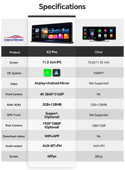 K2 Pro 11.3" Car DVR 4K Camera Wireless Carplay Android auto Ai Screen Dash Cam Dual Len Video Recorder GPS Navigation Dashboard