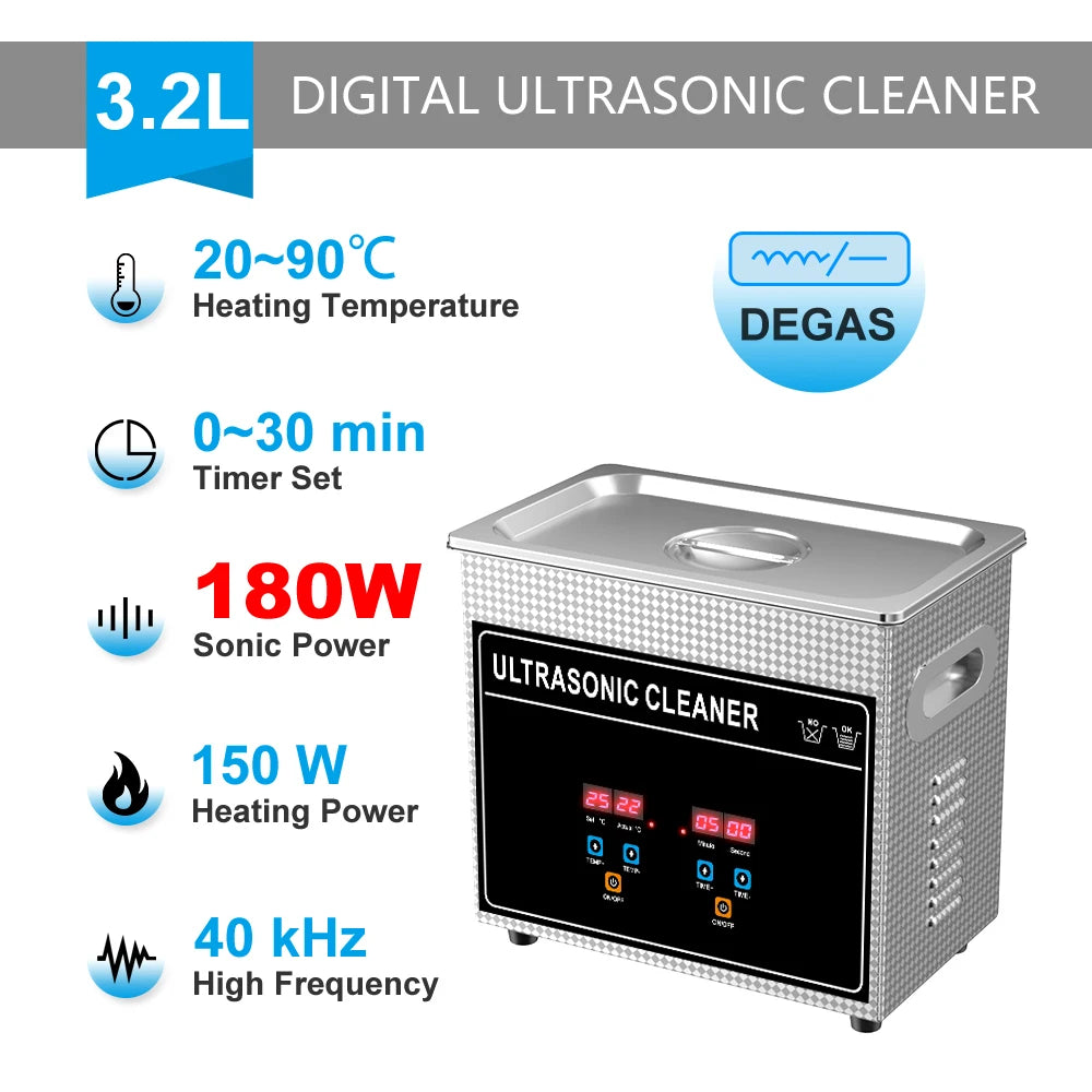 Ultrasonic Bath 3.2L 180W Cleaner Machine Power Adjust Hot Water Cleaning Bath Oil Nozzle Spark Plug Small Fuel