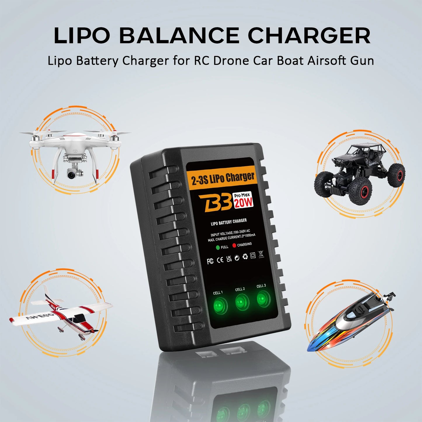 Lipo Charger for 2-3S Lipo Battery (7.4V-11.1V) 20W RC Charger LiPo Charger Airsoft Balancer for RC Cars Airsoft Guns RC Boats