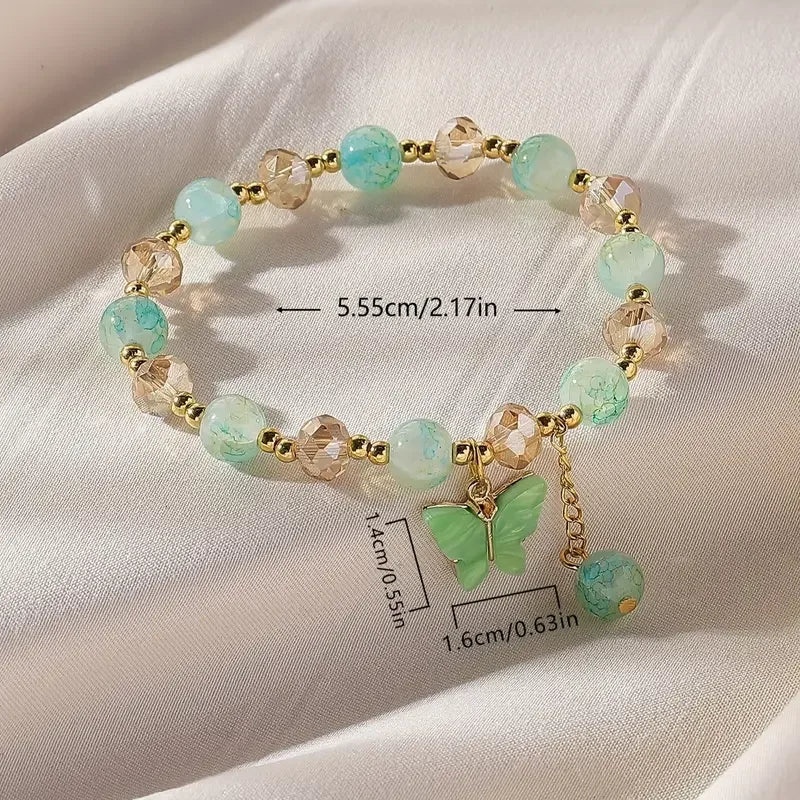 Purple Butterfly Charm Beaded Stretch Bracelet For Women Multi Color Crack Faceted Beads Round Charm Cute Girls Jewelry Gift
