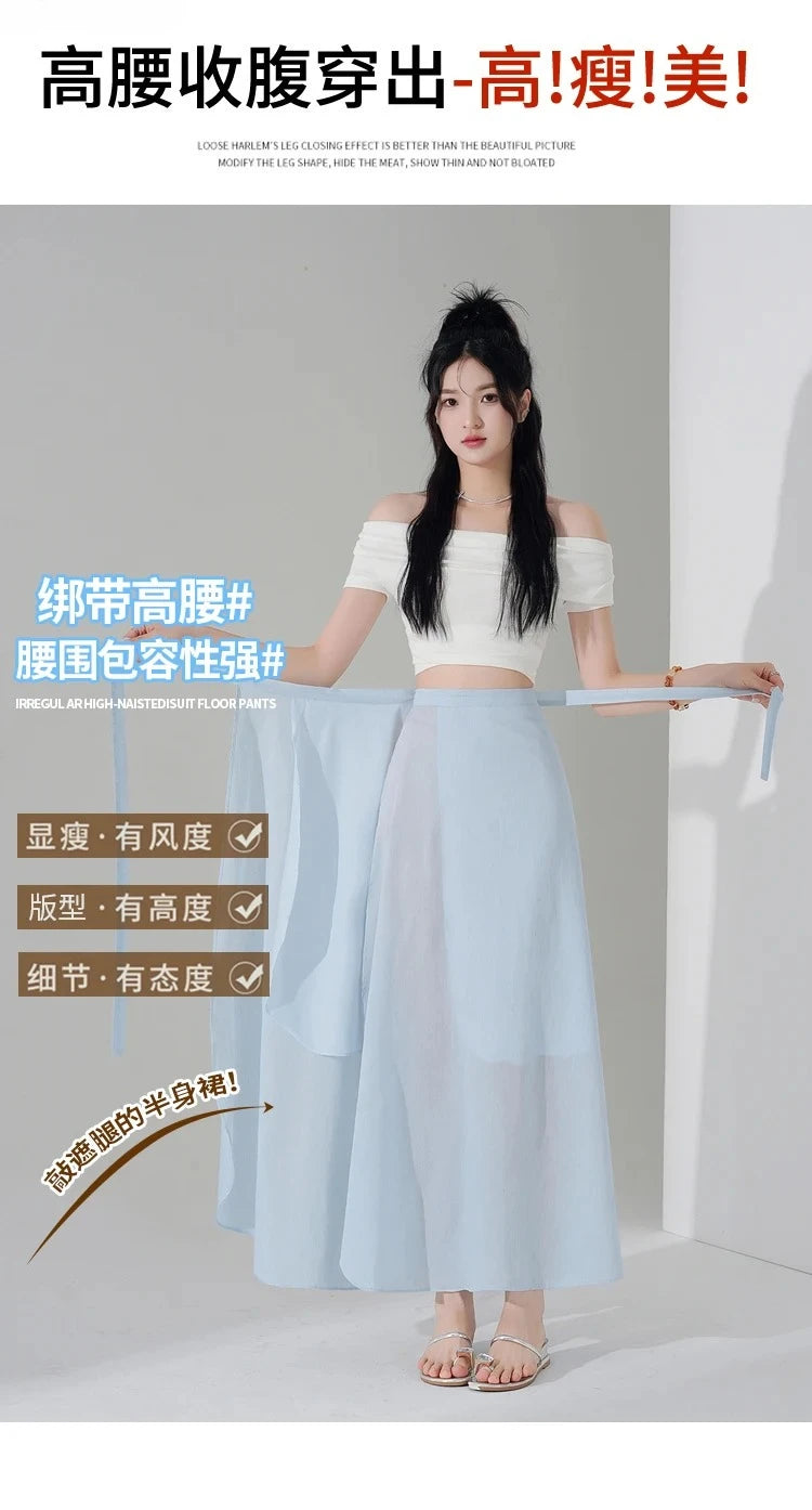 Chic Korea Clothes Summer Women Cute Sweet GIrls Solid Robe Holiday Date High Waist Retro Vintage Wrap One-Piece Lace-Up Skirts