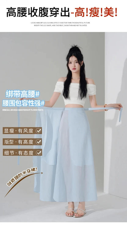 Chic Korea Clothes Summer Women Cute Sweet GIrls Solid Robe Holiday Date High Waist Retro Vintage Wrap One-Piece Lace-Up Skirts