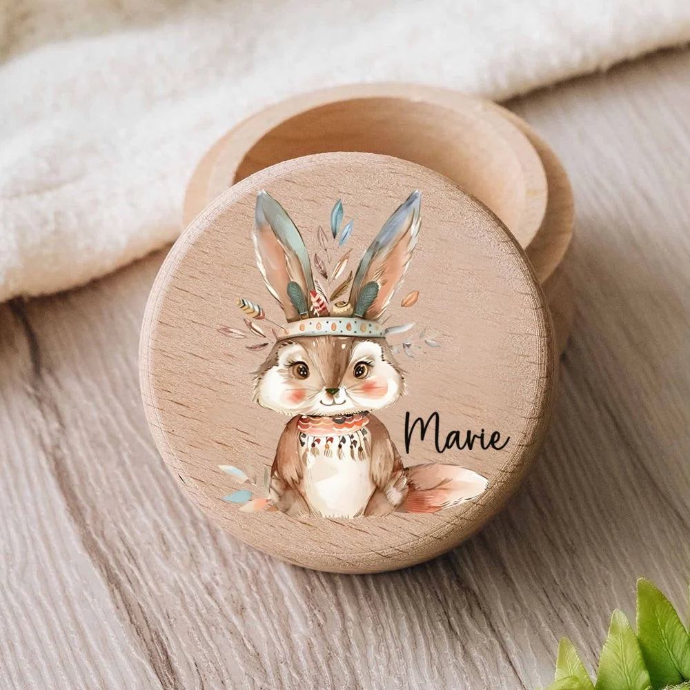 Personalized Wooden Milk Teeth Box Elephant Bunny with Name Wooden Tooth Box Protection of Baby's Fetal Hair Anniversary Gift