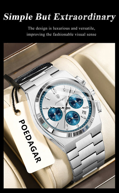 POEDAGAR Luxury Man Watch Chronograph Date Stainless Steel Sport Men Wristwatch Waterproof Luminous Fashion Quartz Men's Watches