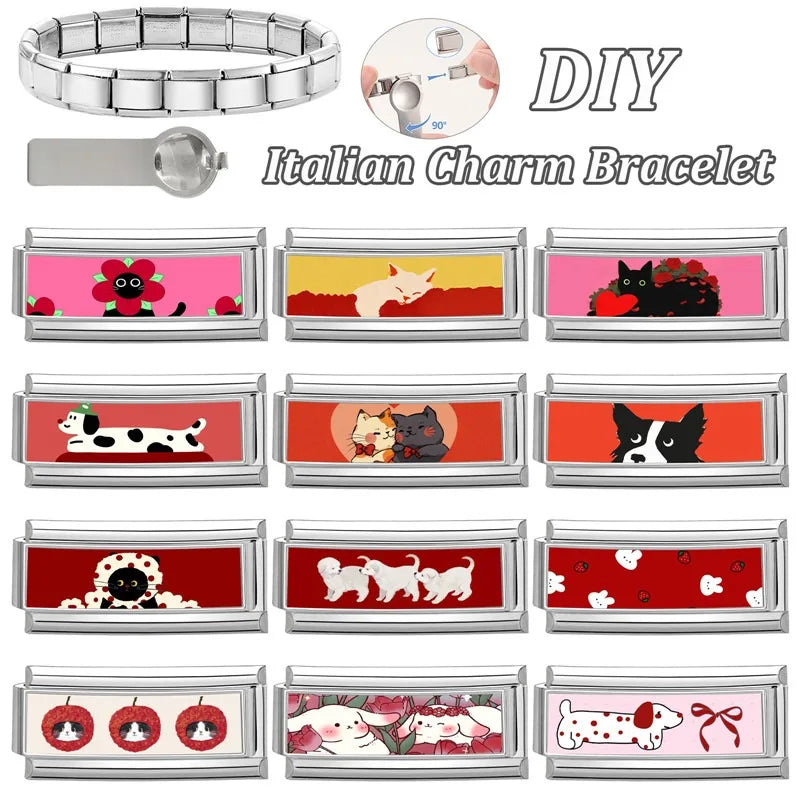 2025 New Women's Gift Cute Rabbit Cat Dogs Italian Charms Links Beads Fit 9mm Stainless Steel Modular Modular Bracelet Jewelry