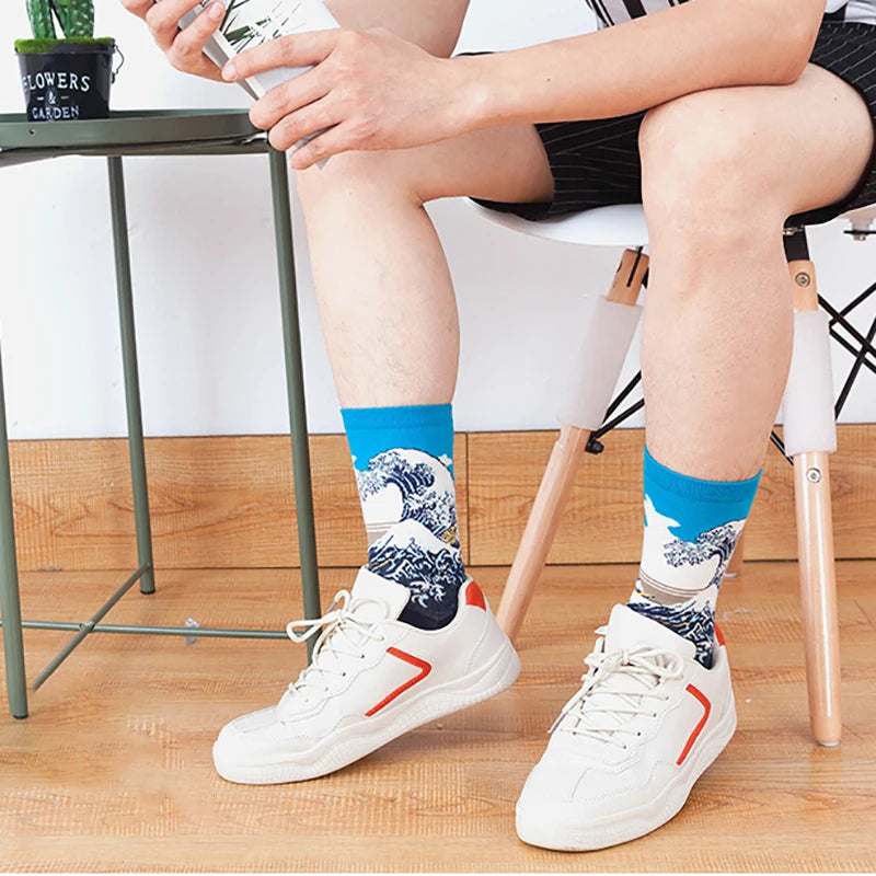 1 Pair Van Gogh Starry Night Cotton Socks Women Men Mona Lisa Oil Painting Retro-classical Series Skateboard Casual Couple Socks