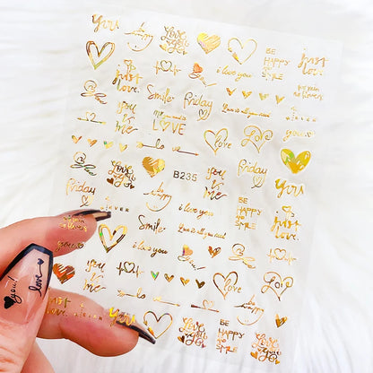 6Pcs/Pack Laser Gold Silver 3D Nail Art Stickers Love Heart Letter Image Nail Decoration Ins Style Sticker DIY Foils Accessories
