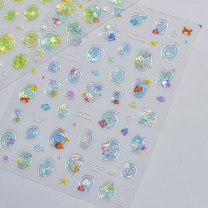 5D Summer Ocean Nail Stickers Seaside Vacation Colorful Fish Bubble Starfish Little Octopus Nail Decal Fresh Sea Manicure Decor