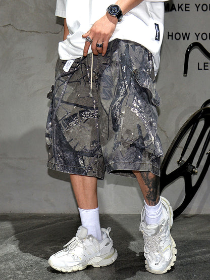 Men's fashionable workwear shorts, outdoor casual digital printed wide leg shorts, suitable for summer streetwear shorts, men's