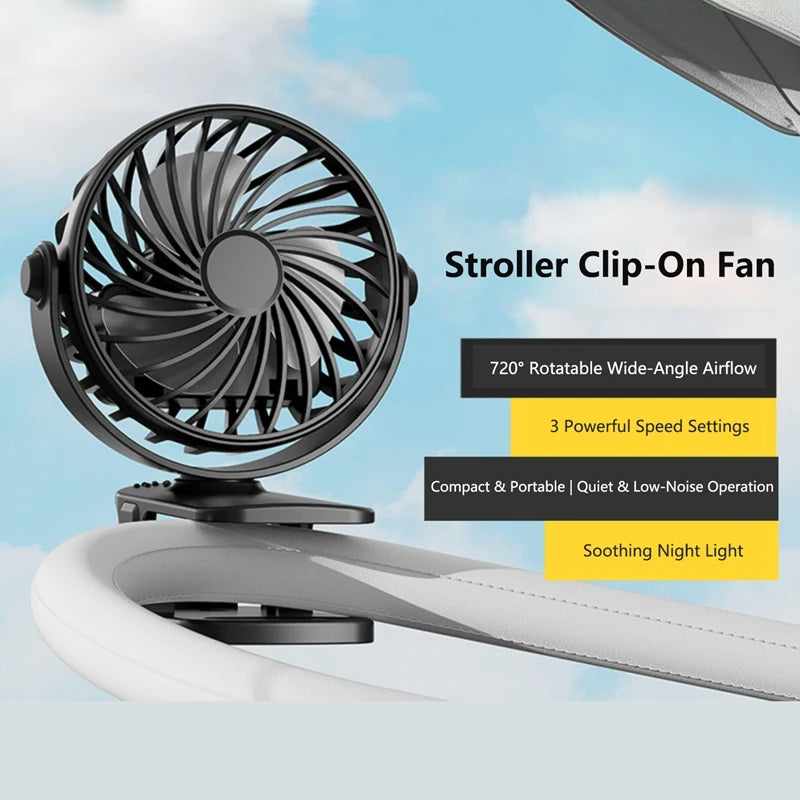 Mini Clip Fan 720°Rotation Built-in Night Lamp USB Rechargeable Powerful Airflow Portable Cooling Fan For Travel Camping Outdoor