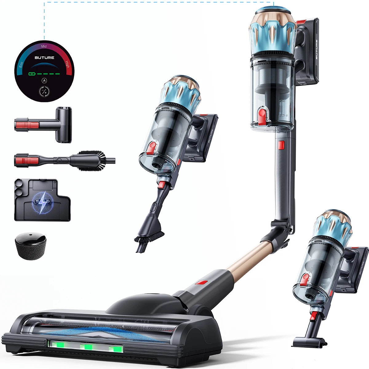 BUTURE S20 Cordless Vacuum Cleaner, 75KPa 650W Powerful Suction, 90 Min Runtime, Freestanding Charging Dock, Removable Battery, Smart Display Stick Vacuum for Pet Hair, Carpets and Hard Floors