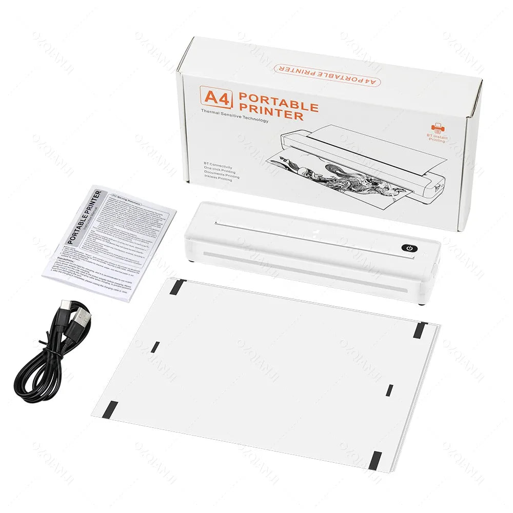 A4 Wireless Bluetooth PDF Printer Mini Portable Thermal Mobile Maker For Home Office PDF Photo Print with 50pcs Thermal Paper