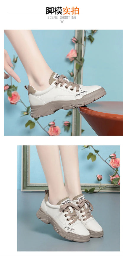 Spring Non-slip Soft Leather Sneaker Trekking Footwear New Women's Thick-soled Lace-up Leisure Skateboard Sports Shoes