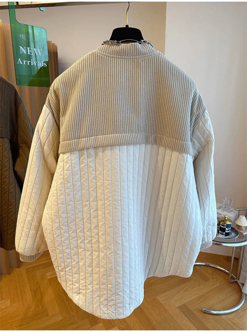 Women Autumn Advanced Design Sense, Niche Loose Casual Knit Stitching, Striped Cotton Coat Winter Light Thin Small Cotton Jacket