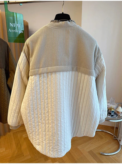 Women Autumn Advanced Design Sense, Niche Loose Casual Knit Stitching, Striped Cotton Coat Winter Light Thin Small Cotton Jacket
