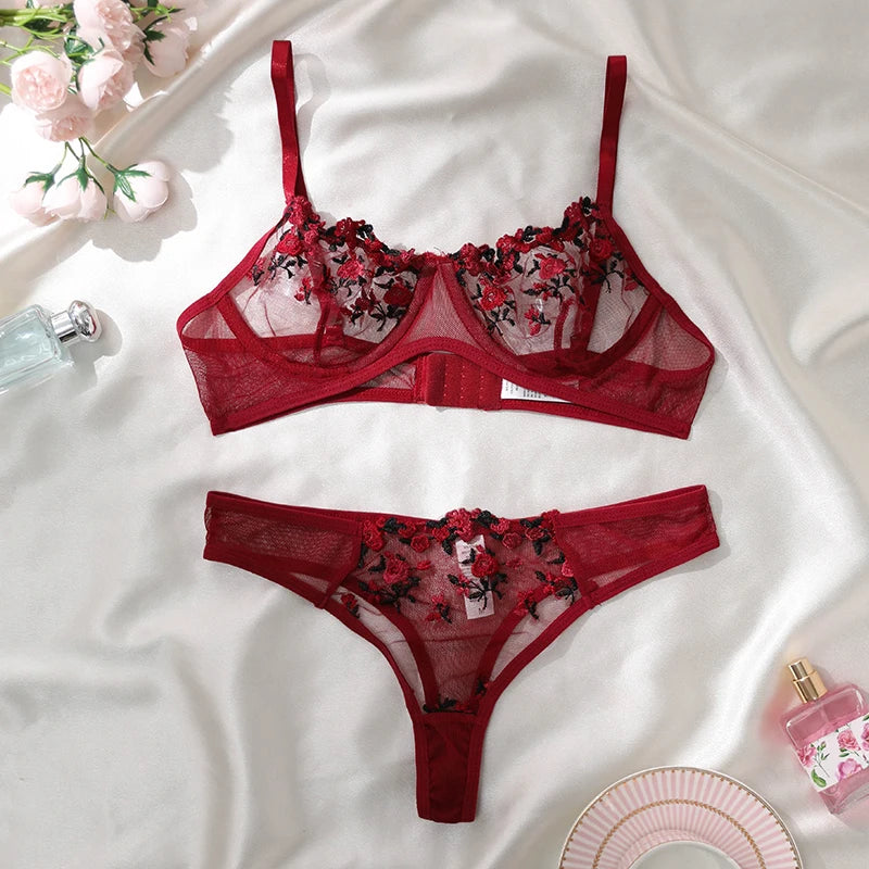 Women Sexy Lace Lingerie Push Up Lingerie Semi-Sheer Bra And Panty Sets Female Erotic Underwear Flower Embroidery Bralette Set
