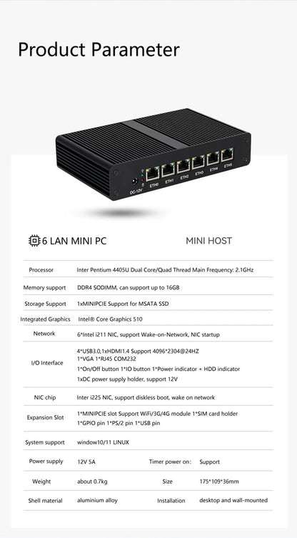 BEBEPC Fanless Mini PC Intel 4415U 6*LAN i211 NICS 1*RS232 3/4G Module Pfsense Firewall Soft Router VPN Sever Linux Win11 Pro