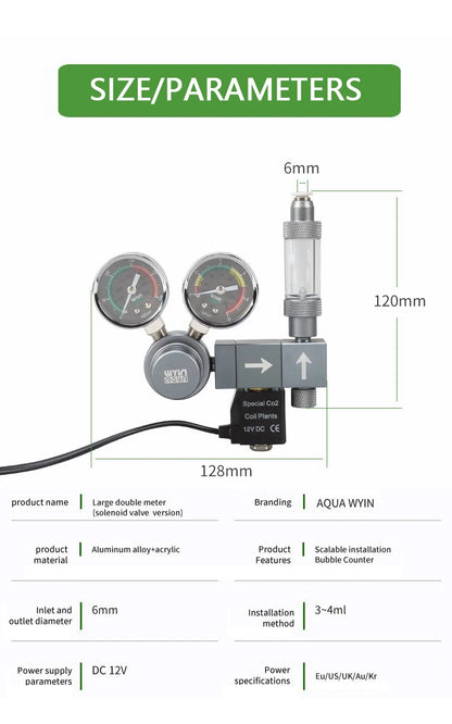 Aquarium CO2 Regulator Dual Meter Solenoid Valve Quick Plug Foam Recorder Control System Fish Tank CO2 Pressure Reducing Valve
